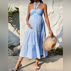 SHEIN Maternity Blue Check Halter Maxi Dress